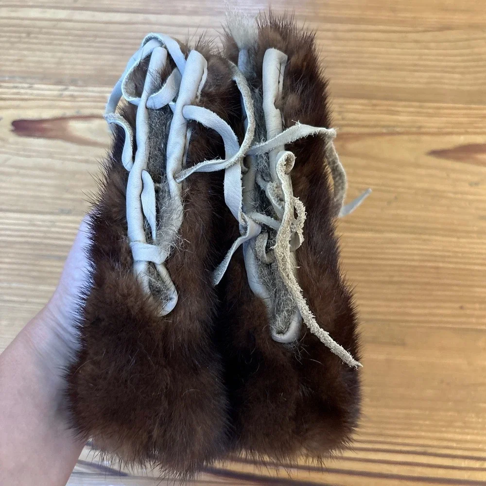 Rabbit Fur Moccasins Kids Brown Vintage Winter Boots SIZE 0-12m